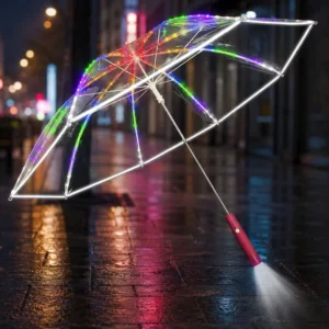 Classic Transparent PVC Straight Umbrella with LED Lights Metal Shaft Fiberglass Ribs for Travel Promotional Gift