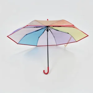Classic Tri-Fold Transparent POE Plastic E-Coating Rainbow Curved Hook Handle Portable Lightweight Windproof Travel Umbrella