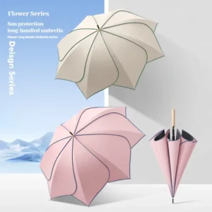 Classic Wooden-Handle Flower-Shape Sun-Protective Auto-Open Wind-Resistant Rain Umbrella
