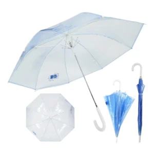 Clear Birdcage Umbrella Blue Trim Deep Dome See-Through Transparent Umbrella