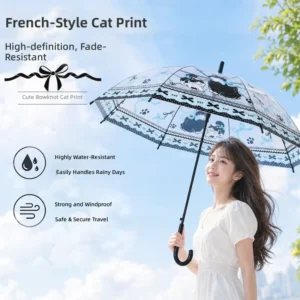 Clear Cartoon Cat Transparent Automatic Umbrella Waterproof Windproof Bow-Tie Design