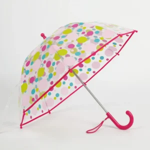 Clear Children’s Umbrella, Red Handle, Colorful Dot Pattern, Manual Straight Style