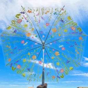 Clear Long-Handle Korean Floral Design Rain Umbrella