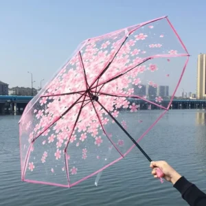 Clear PVC Dome Canopy Sakura Flower Print 360° Visibility Long Handle Manual Open Hot Selling Transparent Umbrella