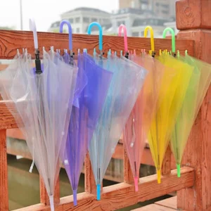 Clear PVC Long-Handle Candy Color Umbrella, 8-Bone Rain and Sun Protective