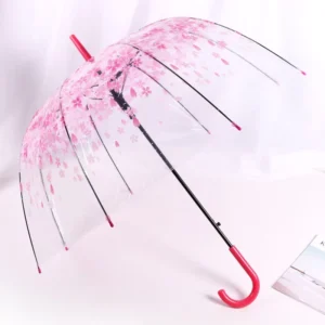 Clear Transparent Umbrella, Flower Pattern, Long Handle, Straight Rod, Arched Canopy