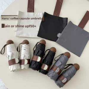 Coffee Series Capsule Umbrella Compact Lightweight Waterproof Dual-Use Black Rubber UV Protection