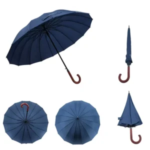 Color Block Umbrella 16 Ribs Semi-Automatic Long Umbrella with Navy Blue Canopy and Red Wood Handle for Business