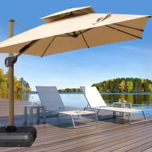 Commercial Cantilever Umbrella Stand 3x3m Solar LED Garden Umbrella & Bases Aluminum Frame Patio Umbrella