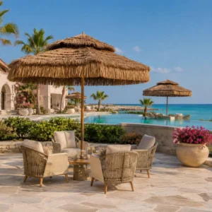 Commercial Fire Retardant Tiki Thatch Umbrella Waterproof UV Resistant Outdoor Parasol For Resort Beach Pool Projects