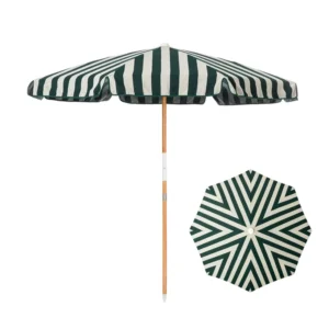 Commercial-Grade Striped Cotton Portable 200cm Beach Umbrella with UPF 50+ and Wood Pole for Outdoor Use