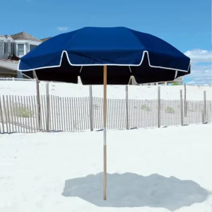 Custom Logo UV Protection Oxford Fabric Canopy Stainless Steel Outdoor Sun Parasol Wooden Pole Market Beach Umbrella with Fringe