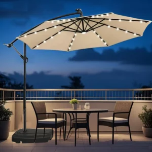 Commercial Iron Offset Patio Umbrella with Solar LED Lights Waterproof Cantilever Umbrella