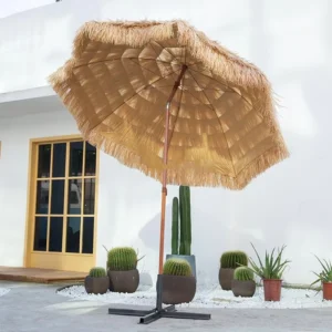 Commercial Raffia Fringe Tiki Beach Umbrella with Heavy Base for Beach Rental and Resort