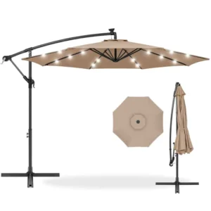 Commercial Tilt Sun Parasol with Solar LED Lights Side-Offset Cantilever Banana Patio Umbrella for Restaurants