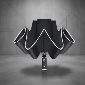 Compact Auto Open 210T Pongee Fabric Waterproof LED Handle Reflective Strip Custom Three-Folding Minimalist Inverted Folding