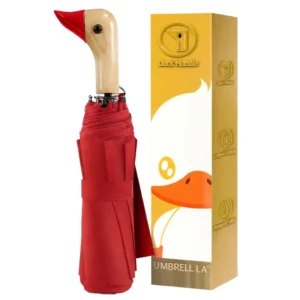 Compact Folding Umbrella with Wood Handle and Cute Duck Design for Girls – Lightweight 8 Ribs Sun and Rain Protection