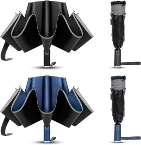 Compact Travel Three-Fold Automatic Reverse Umbrella with Reflective Piping