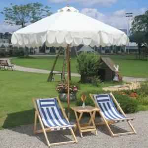 Compact Wooden Parasol Orange Beach Scallop Umbrella With Fringe