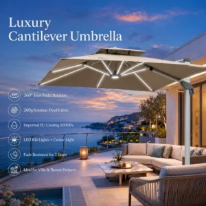 Contract Grade LED Cantilever Patio Umbrella FLD7049 360 Rotating Aluminum PU Fabric for Hotel Resort Projects