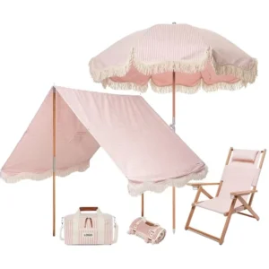 Cotton Tassel Beach Umbrella Set UV 50+ Canvas Canopy Shade with Chair