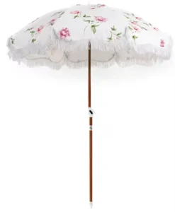 Cotton Tassel Beach Umbrella with Manual Control, Sand Anchor, Tilt, Wood Pole, and UV50+ Protection