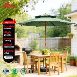 Crank-Operated Umbrella with Reinforced Steel Structure and Water-Repellent Fabric