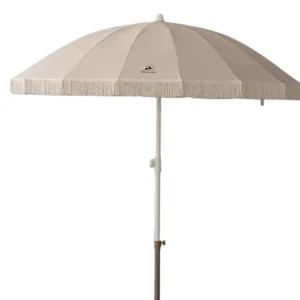 Creamy White Outdoor Tassel Beach Umbrella 10k Fiberglass Ribs for Sun Protection and Windproof Use