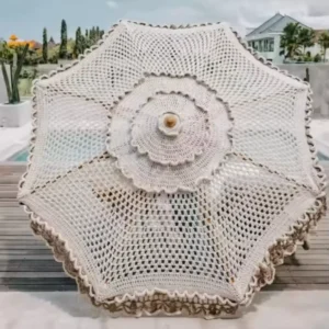 Crochet Patio Aluminum Umbrella with Handmade Cotton Tassels, Macrame Ropes, and Open Fringe