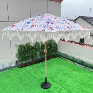 Crochet Patio Wooden Umbrella Handmade Cotton Tassels 2.5M Parasol Macrame Ropes Open Umbrella with Fringe
