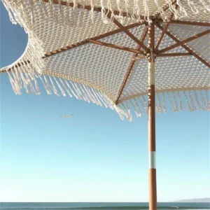 Crochet Patio Wooden Umbrella Handmade Cotton Tassels 2.5m Macrame Parasol with Fringe