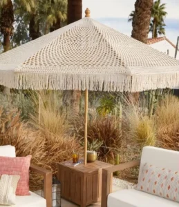 Crochet Patio Wooden Umbrella, Handmade Cotton Tassels, 2.5m Macrame Rope Fringe Parasol