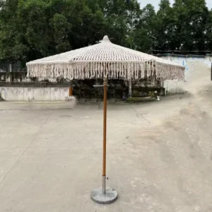 Crochet Tassel Woven Canopy Beach Umbrella, Aluminum Frame, Macrame Fringe, Khaki Fade-Resistant Polyester, 60kg Marble Base