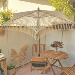 Crochet Wooden Patio Umbrella, 2.5m, Handmade Cotton with Tassels and Fringe