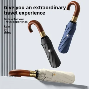 Curved Wooden Handle Manual Opening Sun Protection Business Gift Umbrella with Iron Ribs