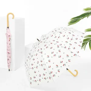 Curved Wooden Handle Semi-Automatic Opening Long Handle Umbrella Cherry Pattern Straight Shaft