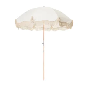 Custom 1.8m Modern Bohemian Design Portable Beach Umbrella Wooden Cotton Tassels UV Protective Water Resistant Courtyard