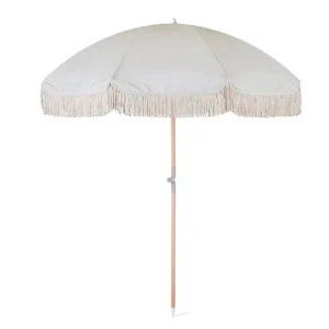 Custom 1.8m Modern Portable Outdoor Beach Umbrella Wooden Pole Cotton Tassels UV Protective Water Resistant