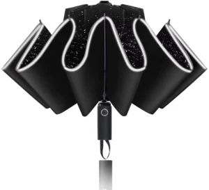 Custom 10K Safety Reflective Windproof Inverted Umbrella Automatic 3 Fold Reverse Umbrella Logo Print