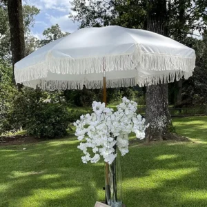 Custom 2 m Diameter White Fringe Beach Umbrella with Tassels