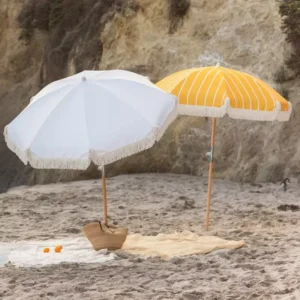 Custom 2m White Boho Fringed Beach Umbrella High Quality Outdoor Vintage Wooden Sun Folding Patio Tassel Outdoor Furniture
