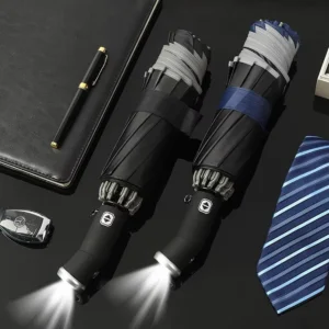 Custom 3 Section Rotating LED Flashlight Safety at Night Torch Folding Umbrella With Reflective Stripe