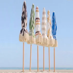 Custom 6ft 8ft Resort Portable Easy Carry Commercial Wooden Outdoor Parasol Steel Frame Sun Beach Umbrella With Tassels