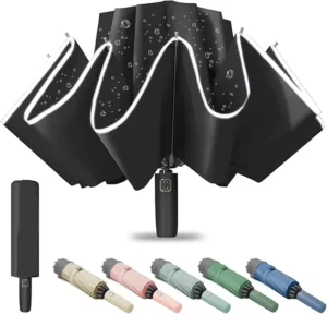 Custom Automatic Compact Reverse Folding Umbrella with UV Protection and Reflective Safety Stripe