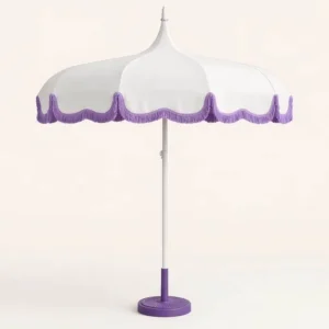 Custom Big Black White Boho Scalloped Trim Fringe Pagoda Sun Parasol Windproof Hotel Garden Patio Umbrella with Tassels