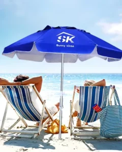 Custom Blue Portable Beach Parasol Umbrella with UV Protection and Logo Prints