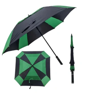 Custom Branded 30 Inch Square Canopy Double Layer Spliced Green Black Windproof Fiberglass Shaft Silicone Top Golf Umbrella