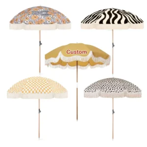 Custom Canvas Beach Umbrella with Tassels Portable Wooden Pole Fringed Camping Picnic Travel Sun Parasol