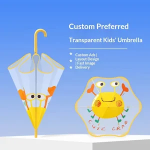 Custom Cartoon Print 6-Rib Fiberglass Frame Safe Round Tips Anti-Pinch Push-Open Design Kids Transparent Straight Umbrella