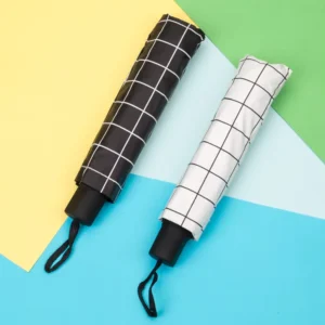 Custom Classic Black White Checkered POE Folding Grid Print Rain Umbrella for Daily Travel
